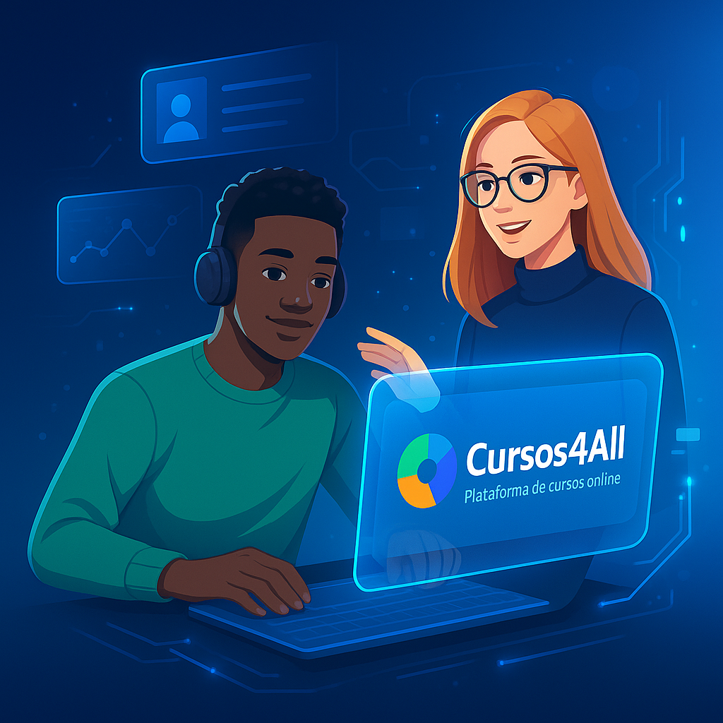 Alunos estudando com Cursos4All em um ambiente digital 360º